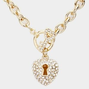 Heart Gold Lock & Key Pendant Necklace Toggle Link Cute Rhinestone Crystal Charm